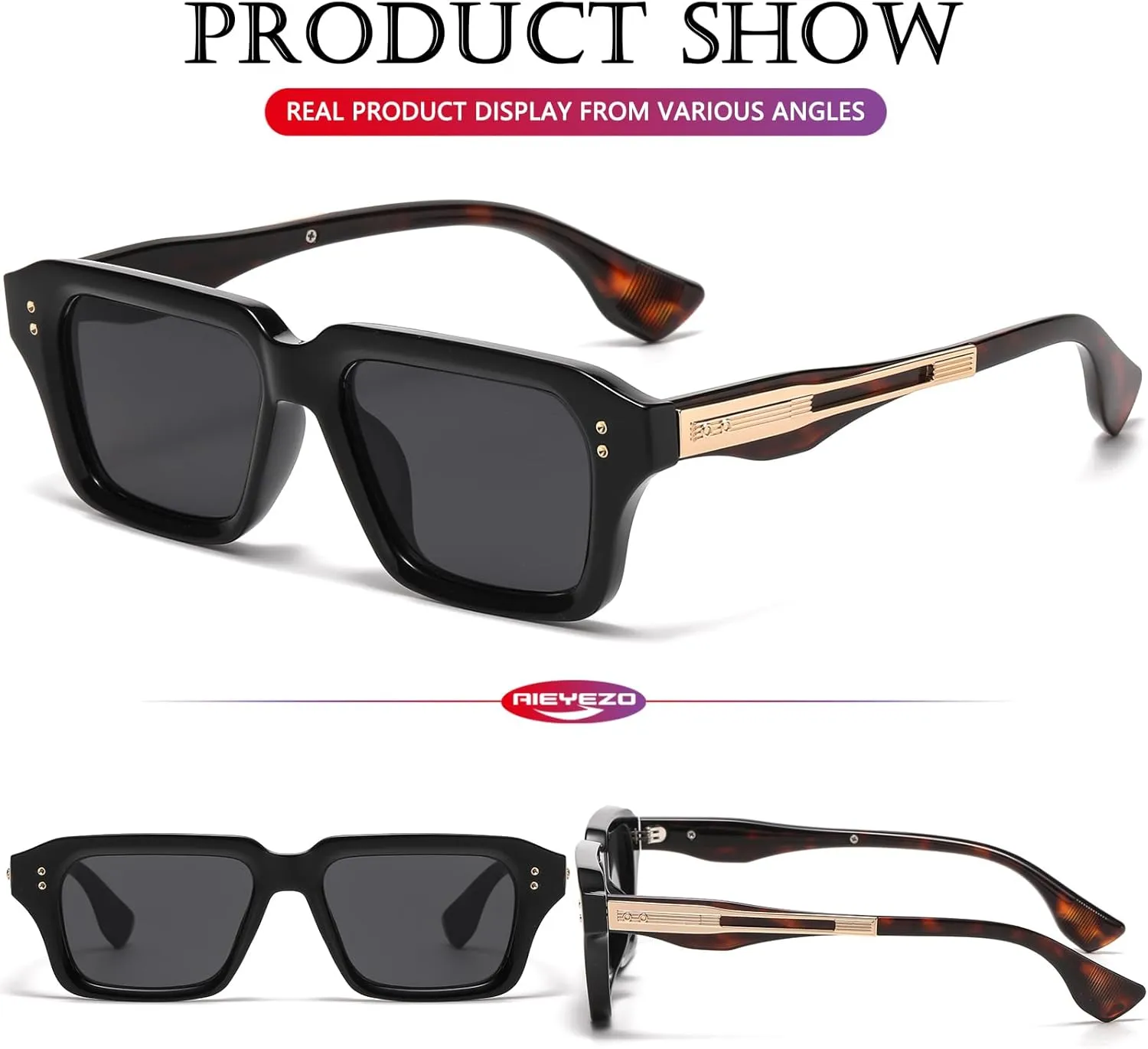 AIEYEZO Rectangle Sunglasses for Men Women Fashion Square Frame Sun Glasses 90??s Retro Designer Shades