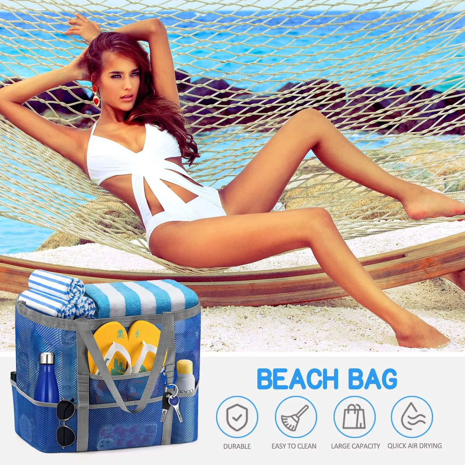 Ayieyill Mesh Beach Bag Tote Bag for Women, Foldable Swim Large Beach Tote Bag with Zipper Pockets Waterproof Sandproof