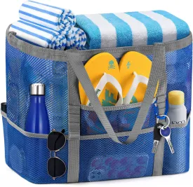 Ayieyill Mesh Beach Bag Tote Bag for Women, Foldable Swim Large Beach Tote Bag with Zipper Pockets Waterproof Sandproof
