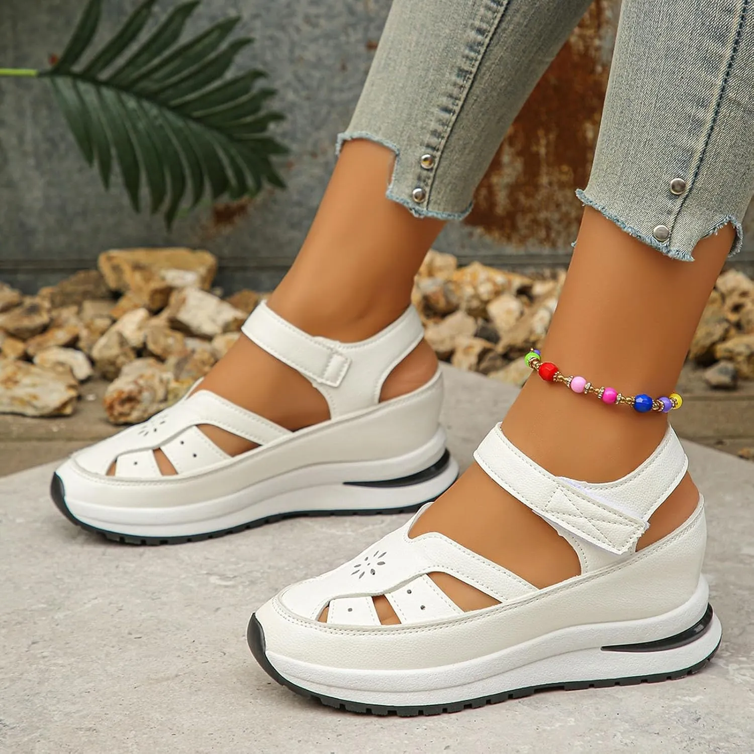 Bootara Women's Plus Size Hollow-Out Platform Sandals, Closed Toe Wedge Sandals Height-Boosting Thick Sole
