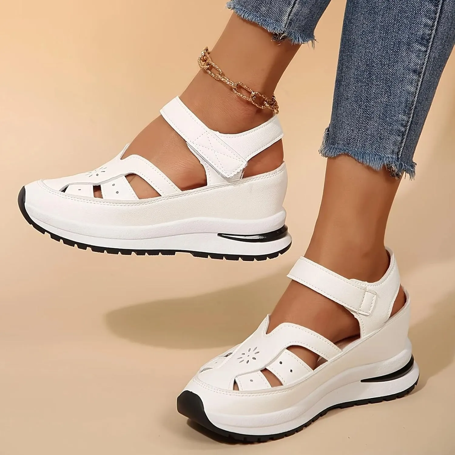 Bootara Women's Plus Size Hollow-Out Platform Sandals, Closed Toe Wedge Sandals Height-Boosting Thick Sole