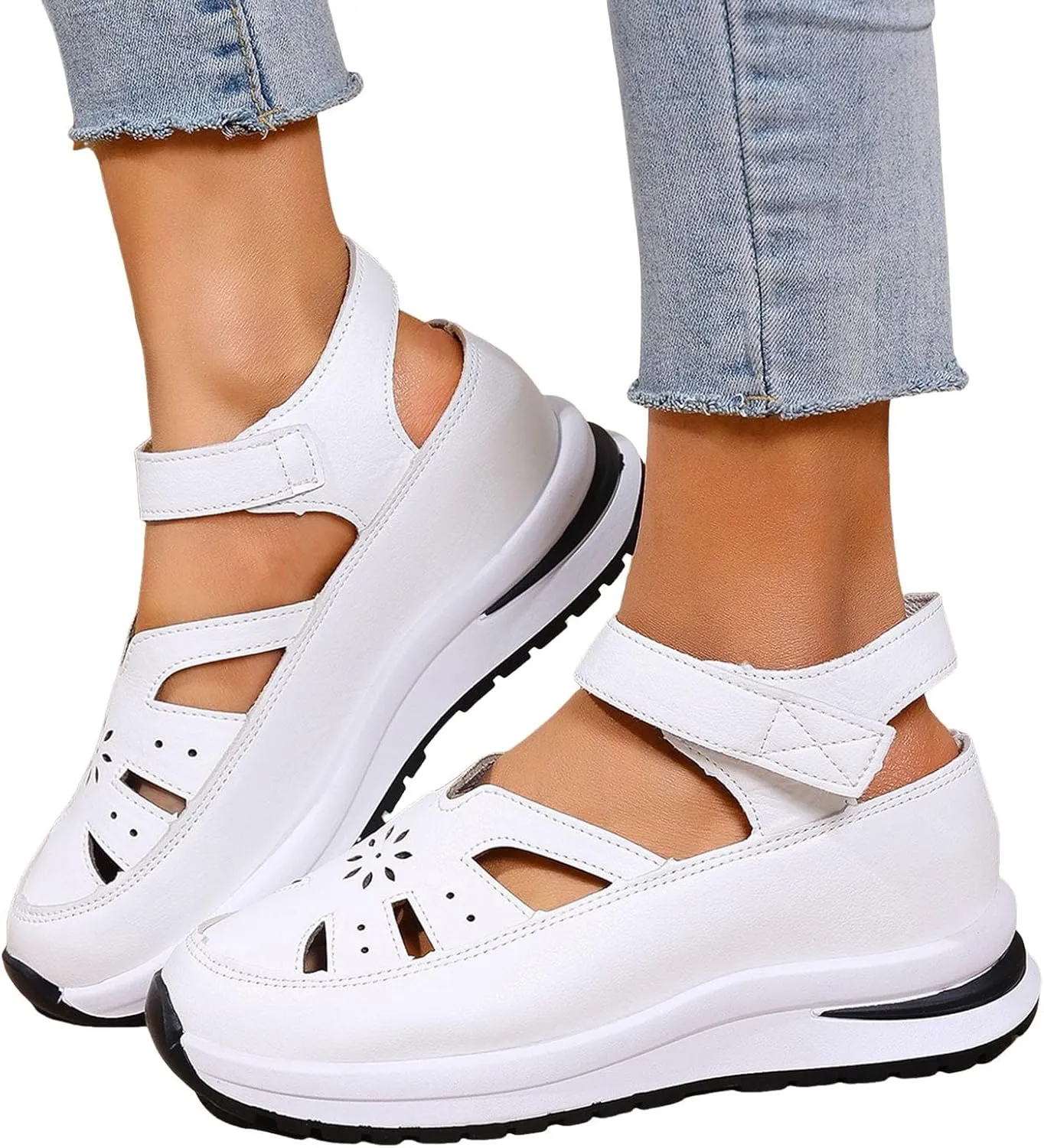 Bootara Women's Plus Size Hollow-Out Platform Sandals, Closed Toe Wedge Sandals Height-Boosting Thick Sole