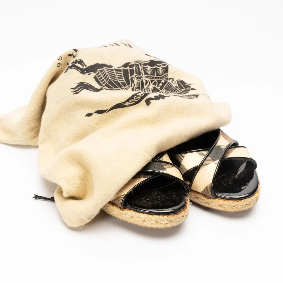 Burberry Black Patent Leather and Nova Check Canvas Espadrille Wedge Sandals
