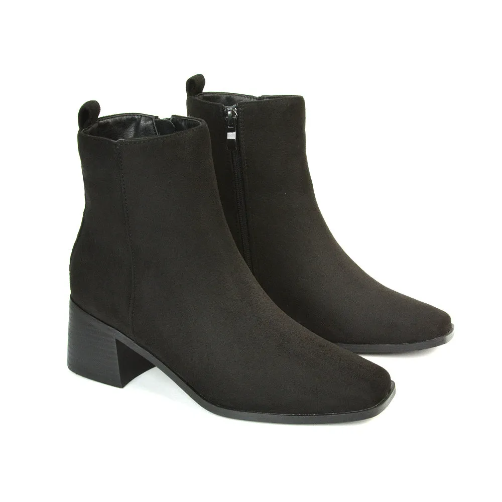 Cece Low Block Heel Square Toe Chelsea Ankle Boots in Navy Faux Suede