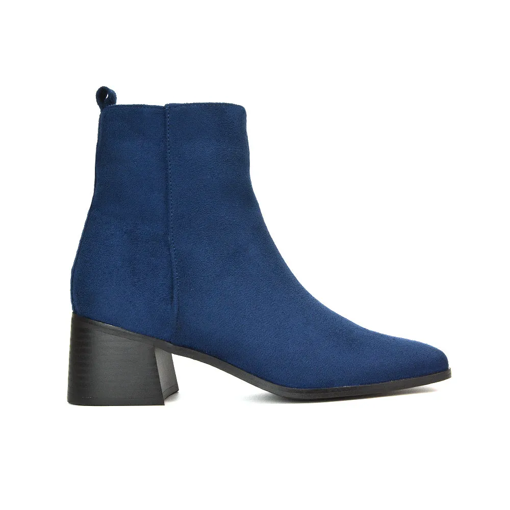 Cece Low Block Heel Square Toe Chelsea Ankle Boots in Navy Faux Suede