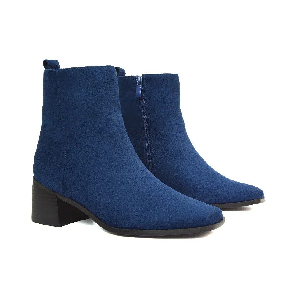 Cece Low Block Heel Square Toe Chelsea Ankle Boots in Navy Faux Suede
