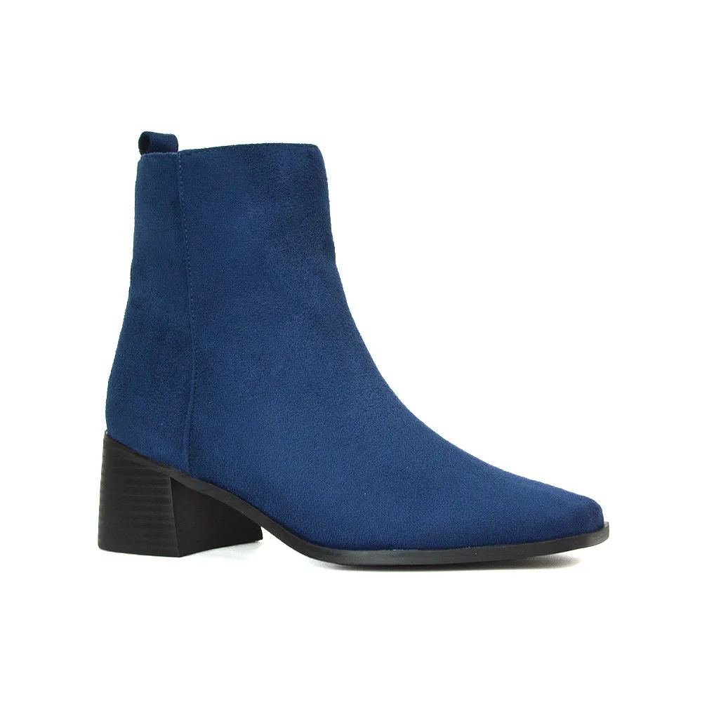 Cece Low Block Heel Square Toe Chelsea Ankle Boots in Navy Faux Suede