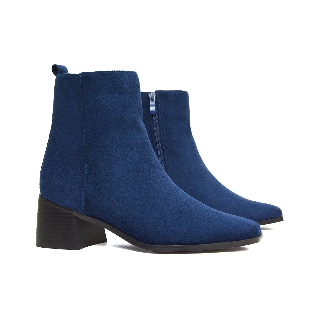 Cece Low Block Heel Square Toe Chelsea Ankle Boots in Navy Faux Suede