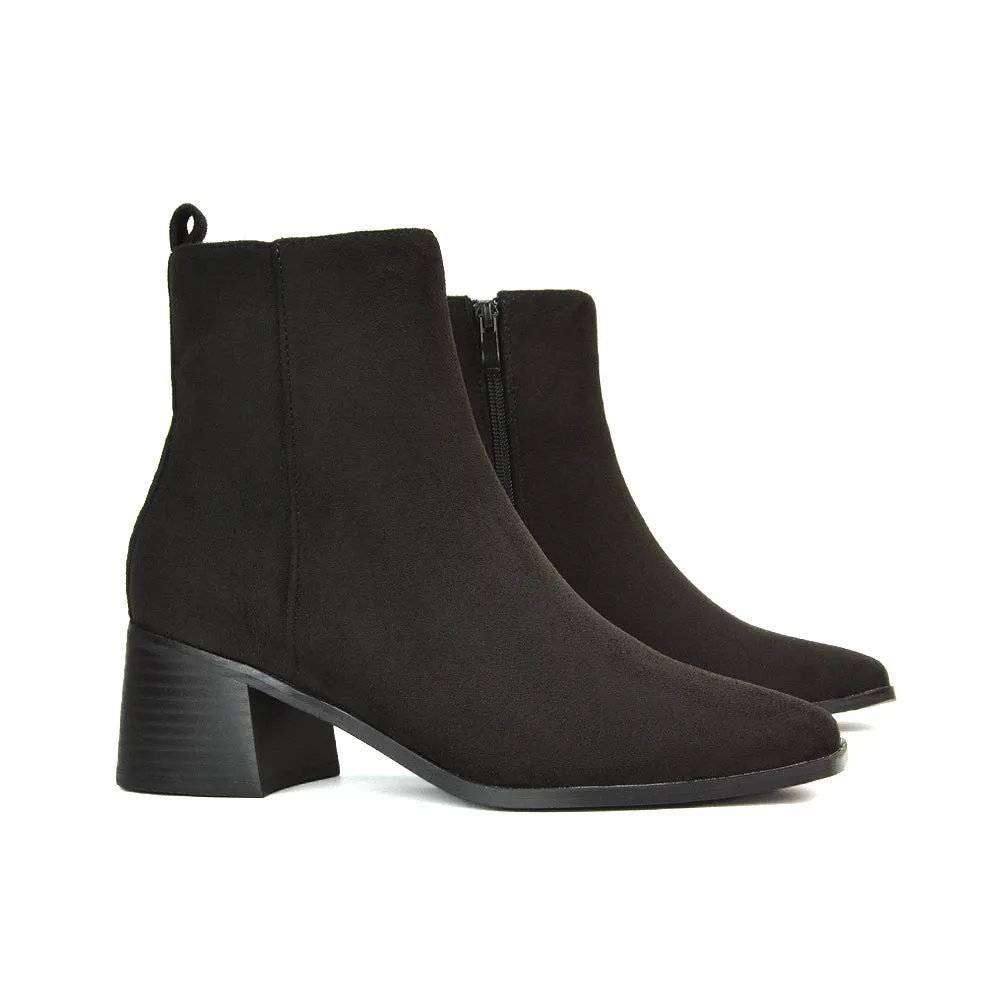 Cece Low Block Heel Square Toe Chelsea Ankle Boots in Navy Faux Suede