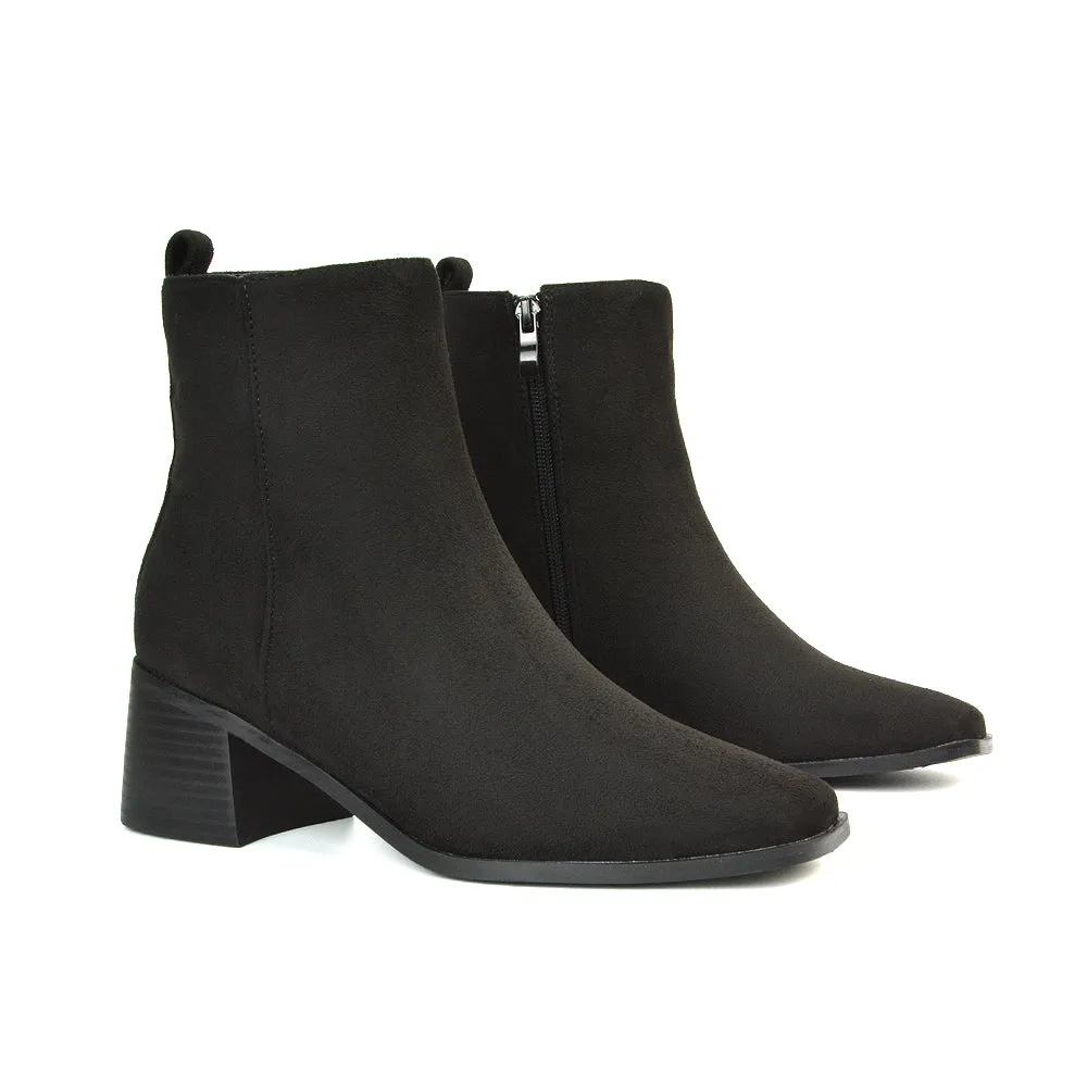 Cece Low Block Heel Square Toe Chelsea Ankle Boots in Navy Faux Suede