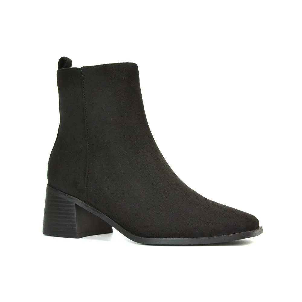 Cece Low Block Heel Square Toe Chelsea Ankle Boots in Navy Faux Suede