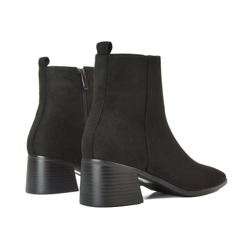 Cece Low Block Heel Square Toe Chelsea Ankle Boots in Navy Faux Suede