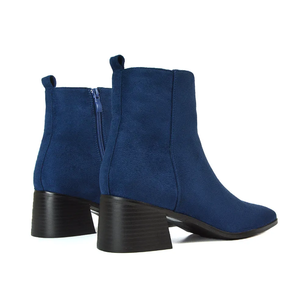Cece Low Block Heel Square Toe Chelsea Ankle Boots in Navy Faux Suede