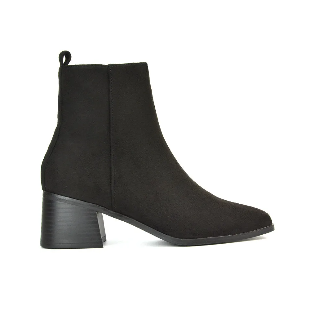Cece Low Block Heel Square Toe Chelsea Ankle Boots in Navy Faux Suede