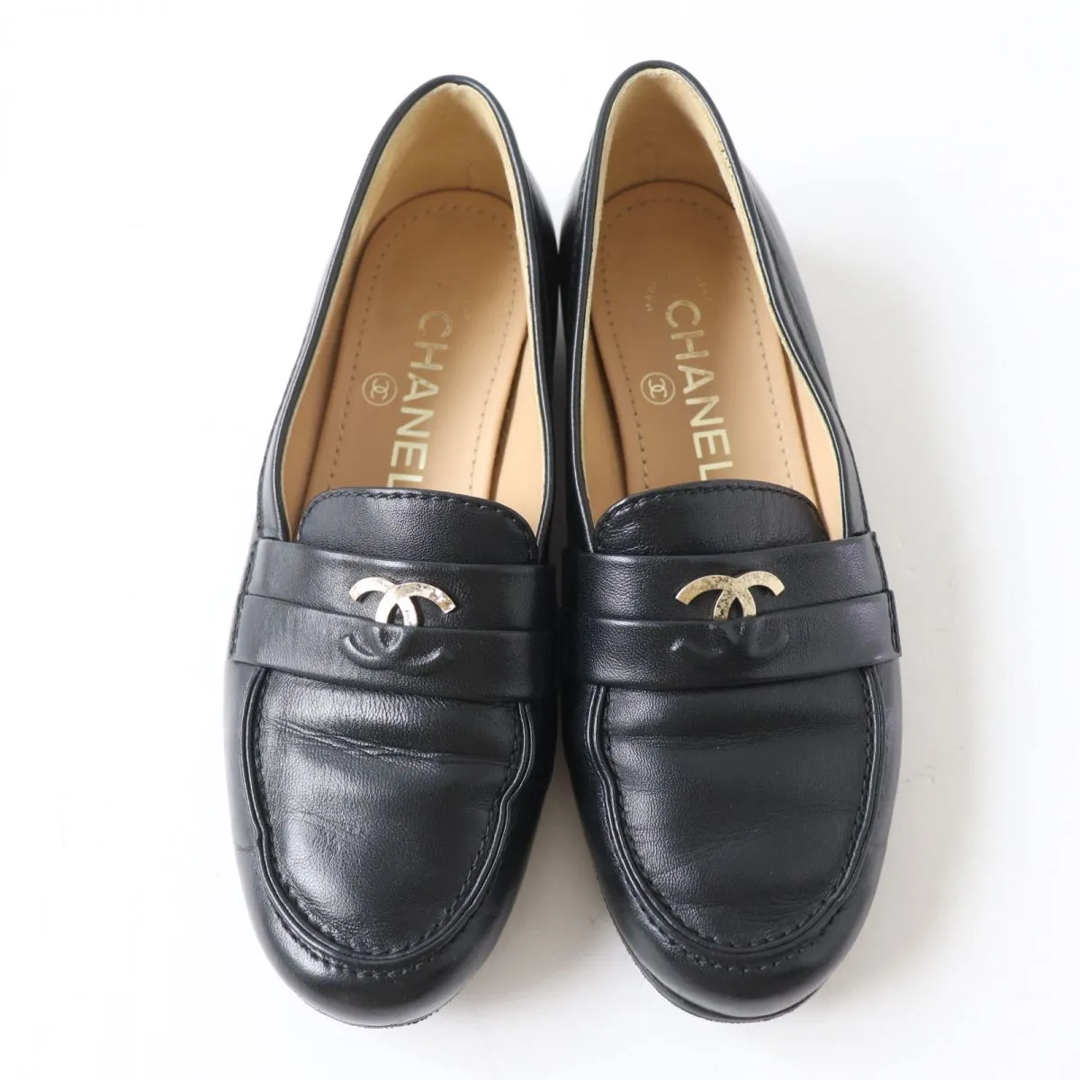Chanel COCO Mark Leather Loafers Black Gold