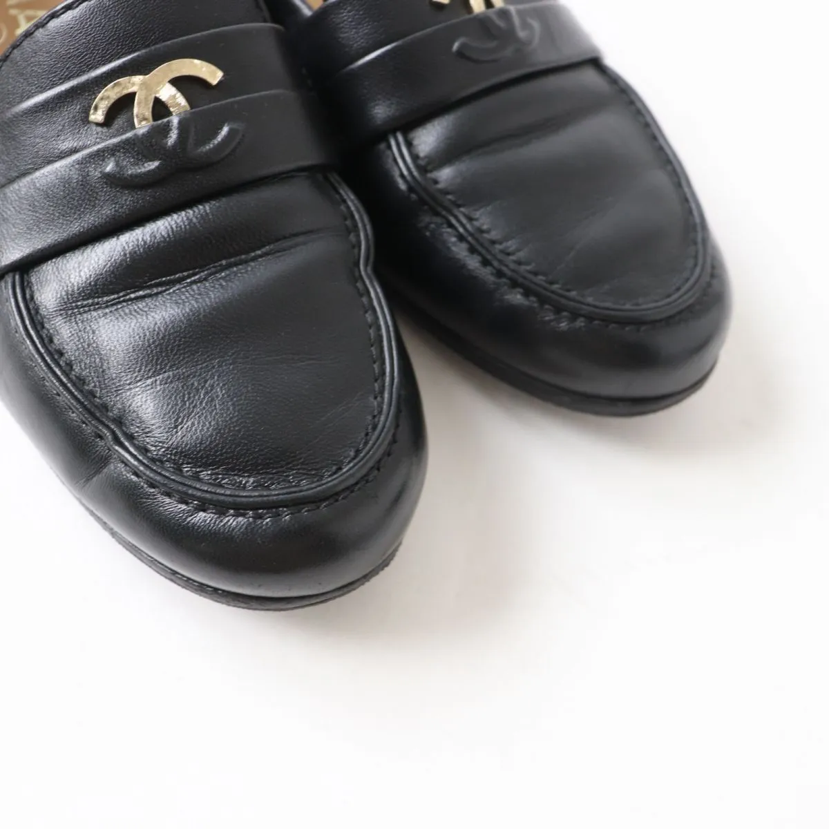 Chanel COCO Mark Leather Loafers Black Gold