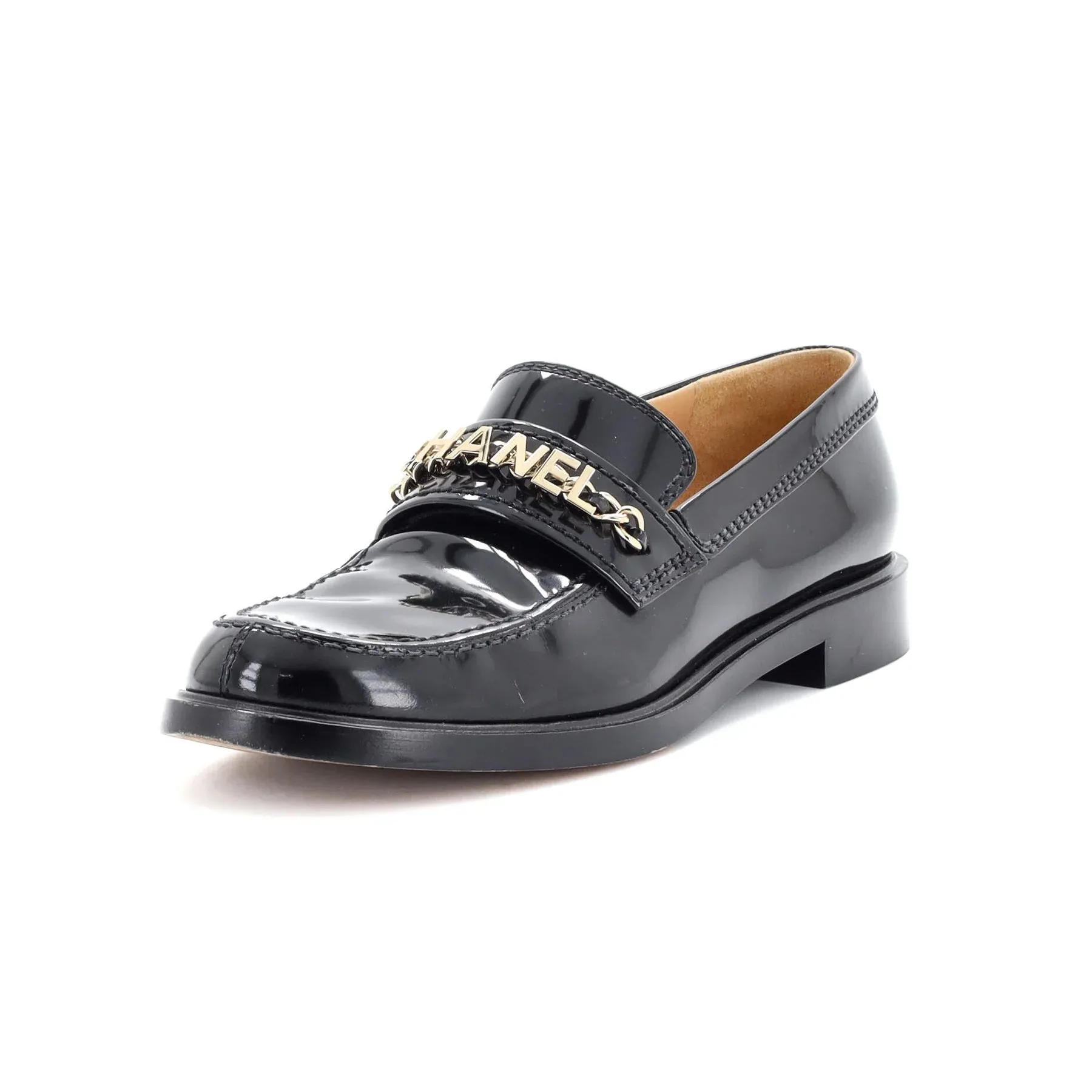 CHANEL SHINY PATENT CALFSKIN LOGO LOAFERS
