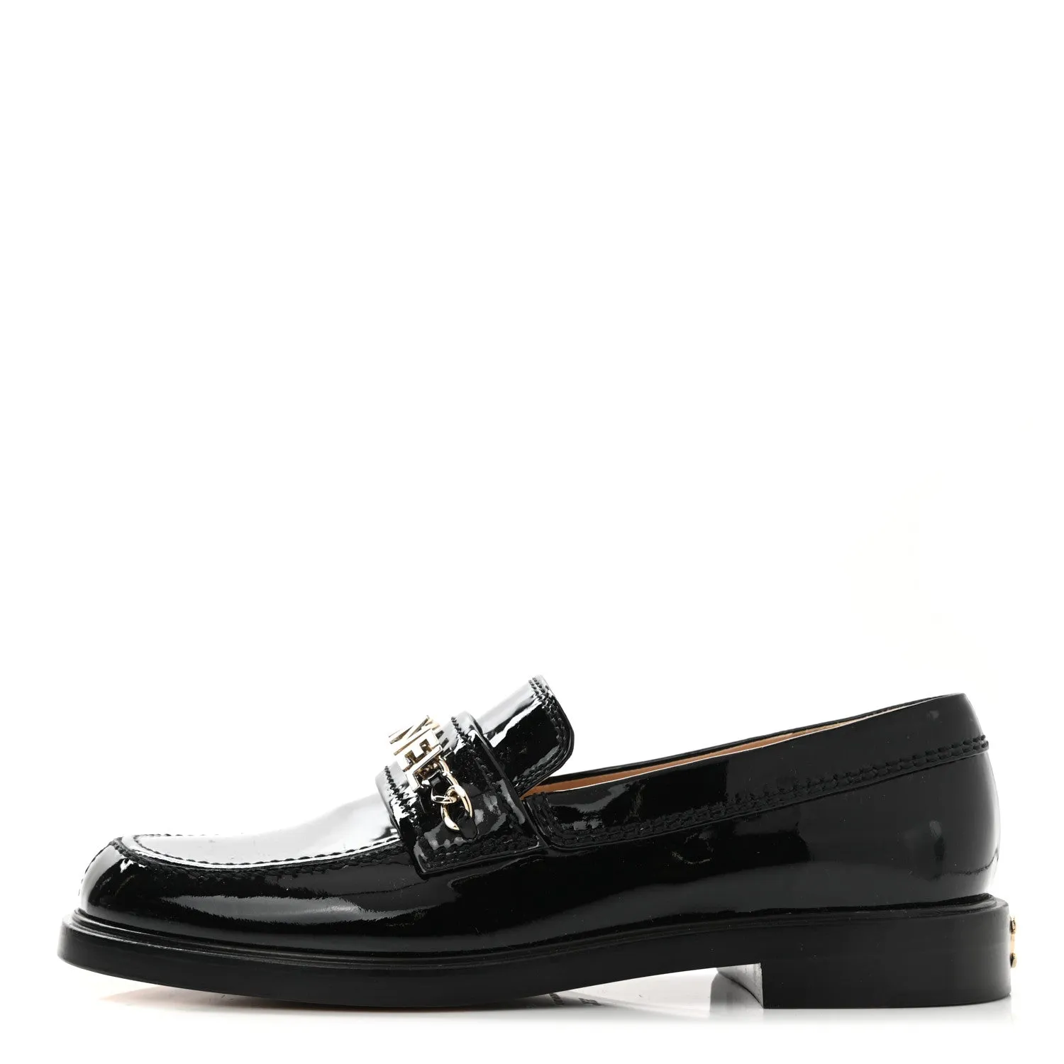 CHANEL SHINY PATENT CALFSKIN LOGO LOAFERS