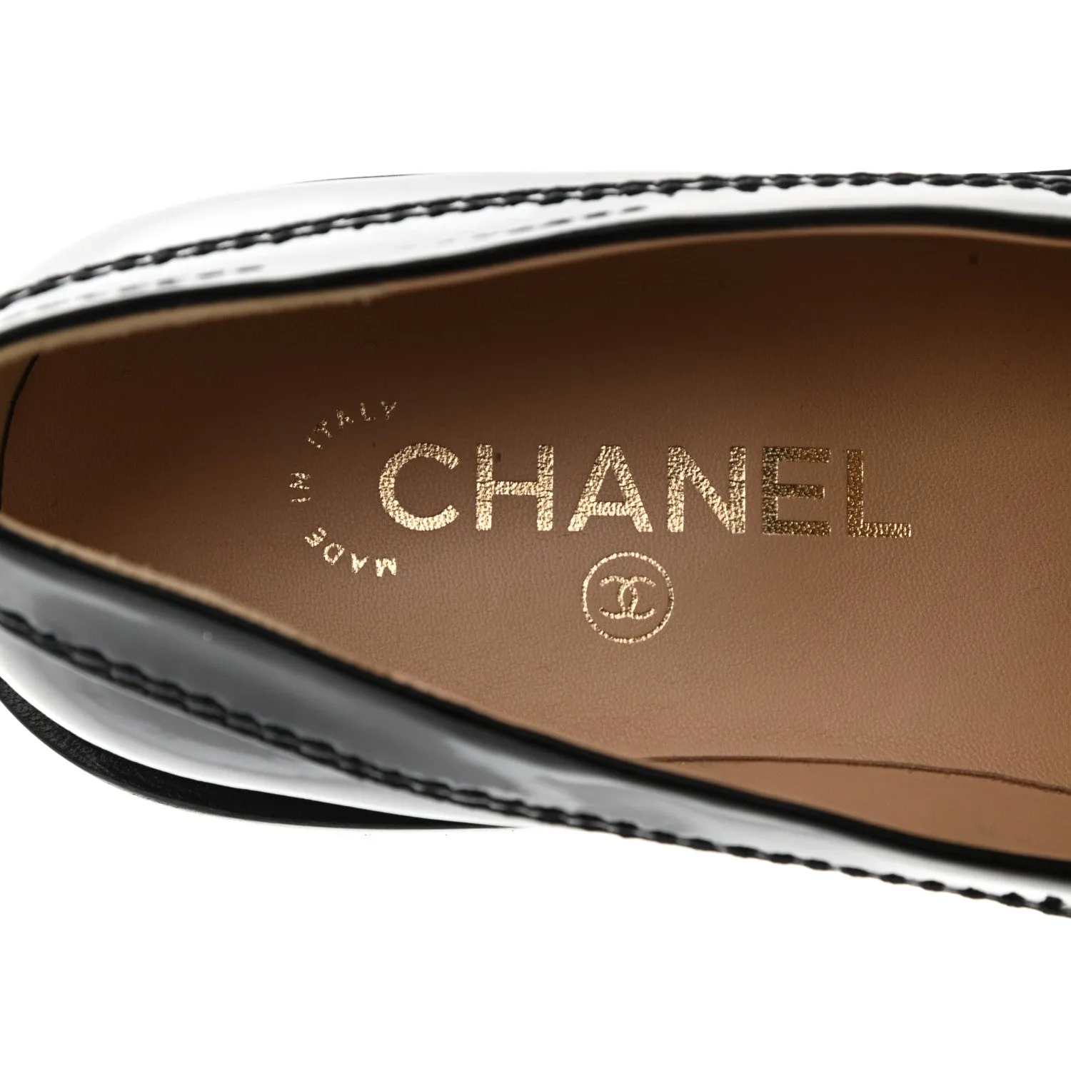 CHANEL SHINY PATENT CALFSKIN LOGO LOAFERS