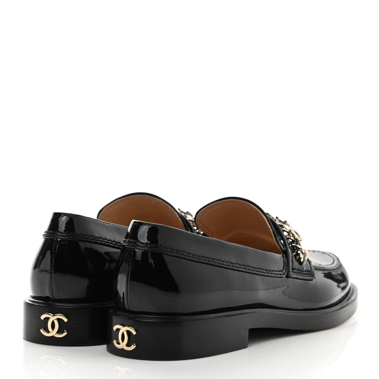 CHANEL SHINY PATENT CALFSKIN LOGO LOAFERS