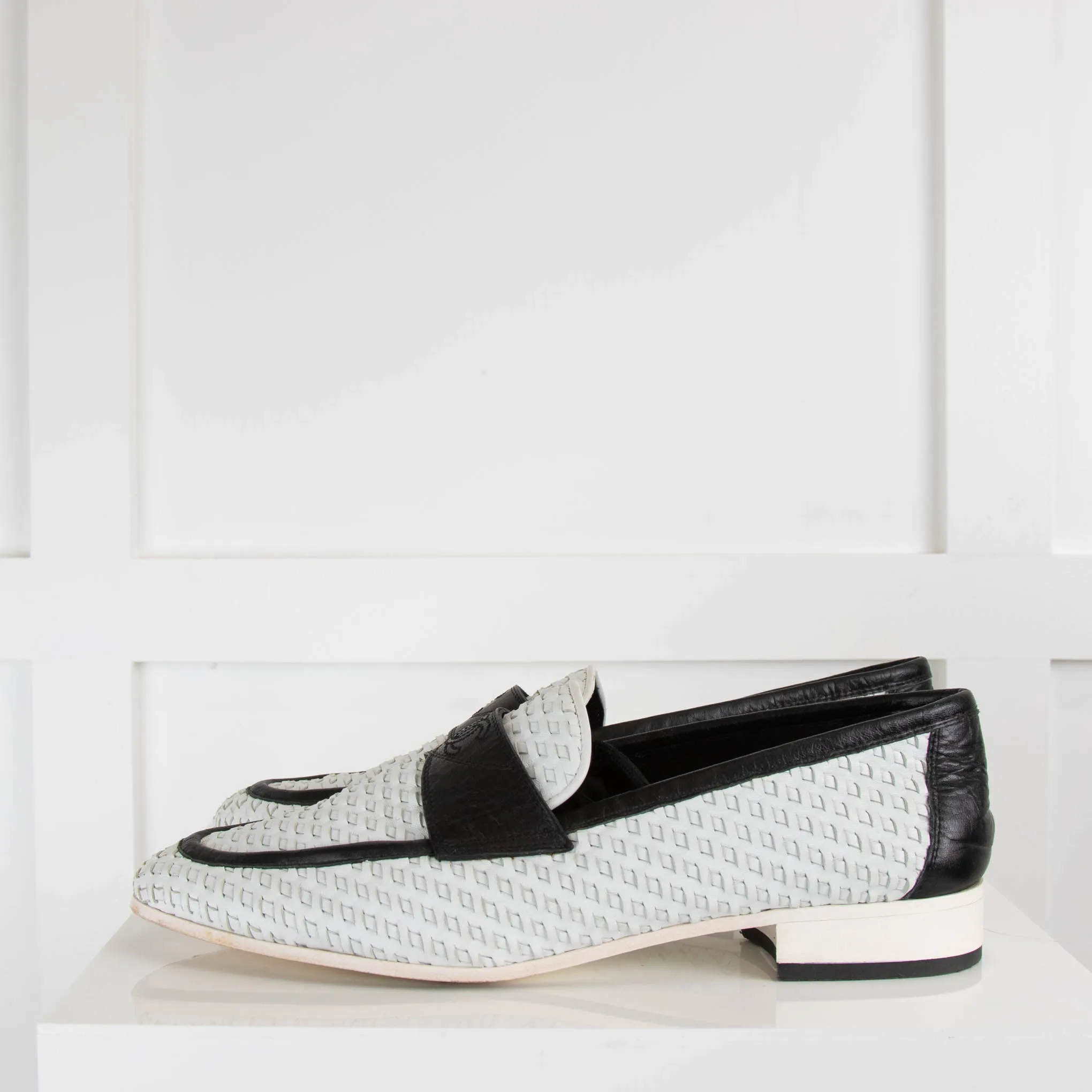 Chanel White Leather Woven Loafers