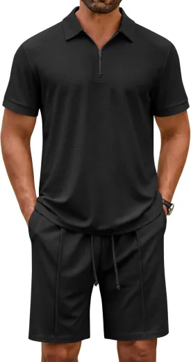COOFANDY Men's Track Suits 2 Piece Set Quarter Zip Polo Shirt and Shorts Set Summer Casual Outfits