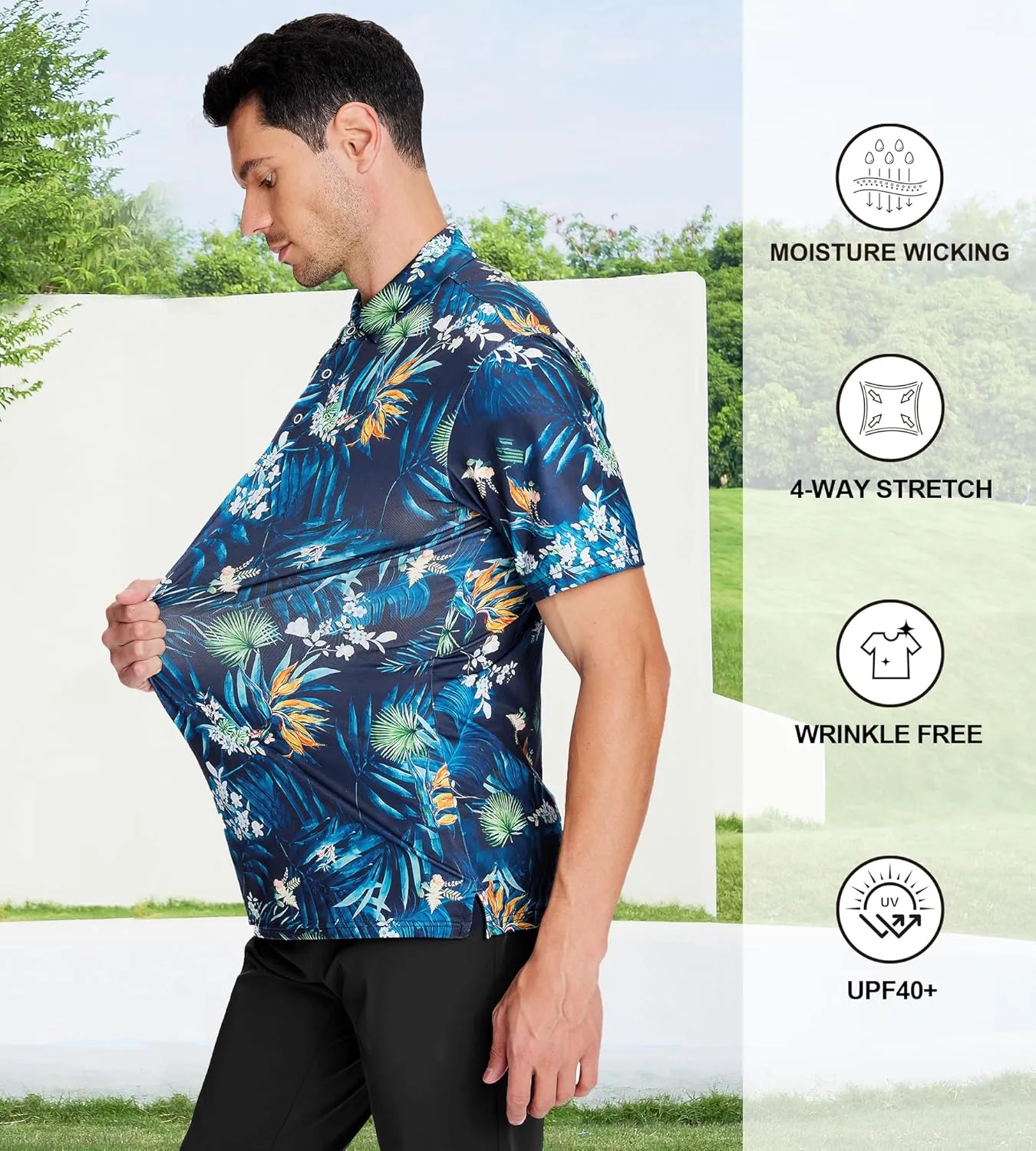Damipow Mens Golf Shirts Dry Fit Polo Shirts Moisture Wicking Short Sleeve Hawaiian Polo Shirt