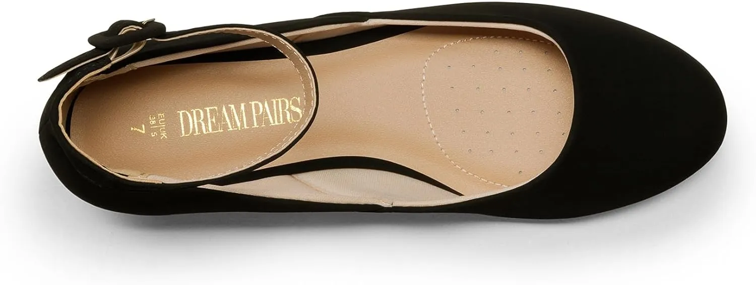 DREAM PAIRS Women's Dress Flats Ballet Low Wedge Round Toe Ankle Strap Comfortable Casual Flats Shoes