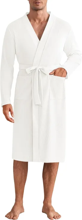 Ekouaer Mens Waffle Robe Lightweight Spa Bathrobe Knit Kimono Shower Robes V Neck Long Sleeve Sleepwear with Pockets