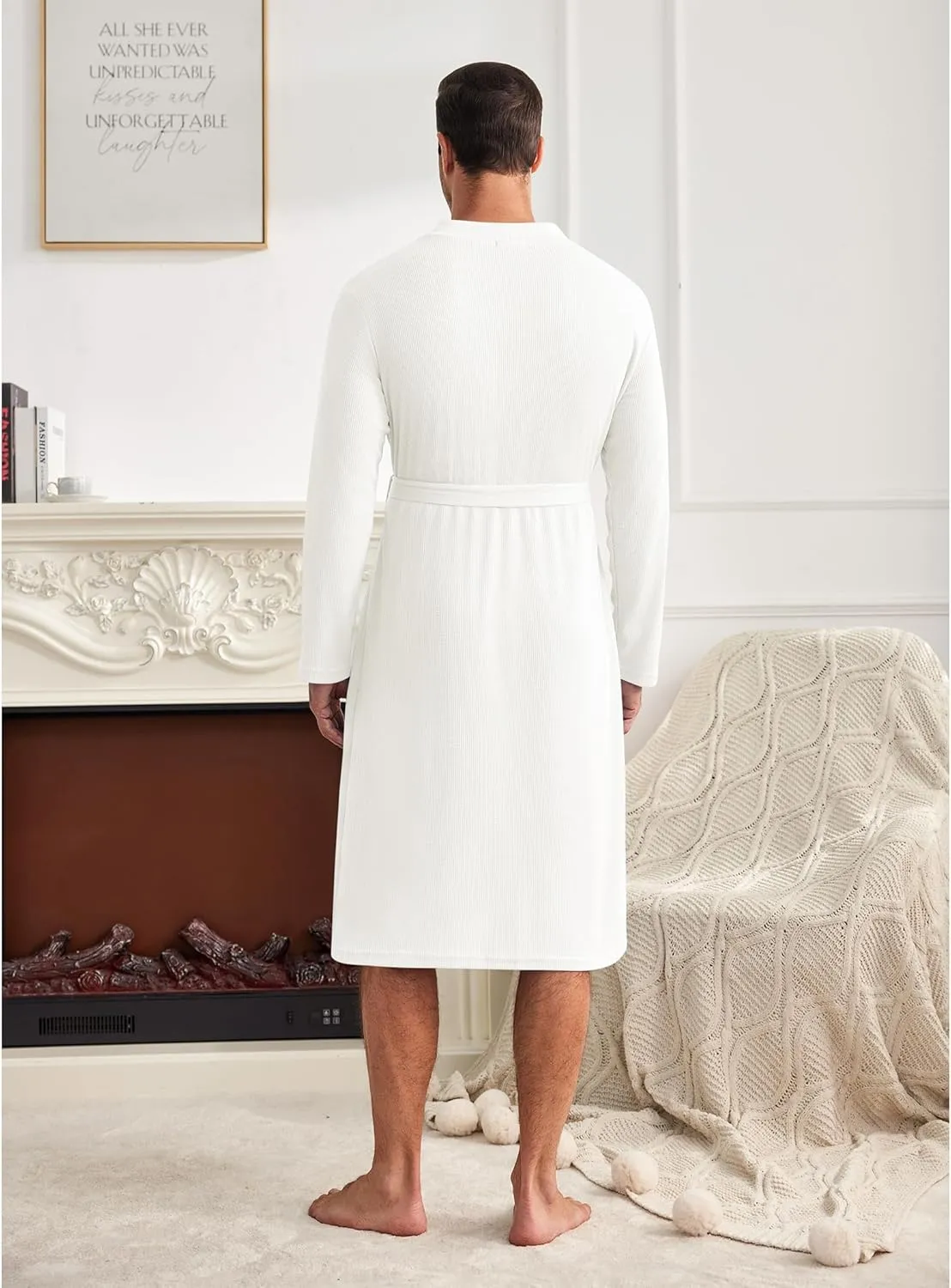 Ekouaer Mens Waffle Robe Lightweight Spa Bathrobe Knit Kimono Shower Robes V Neck Long Sleeve Sleepwear with Pockets