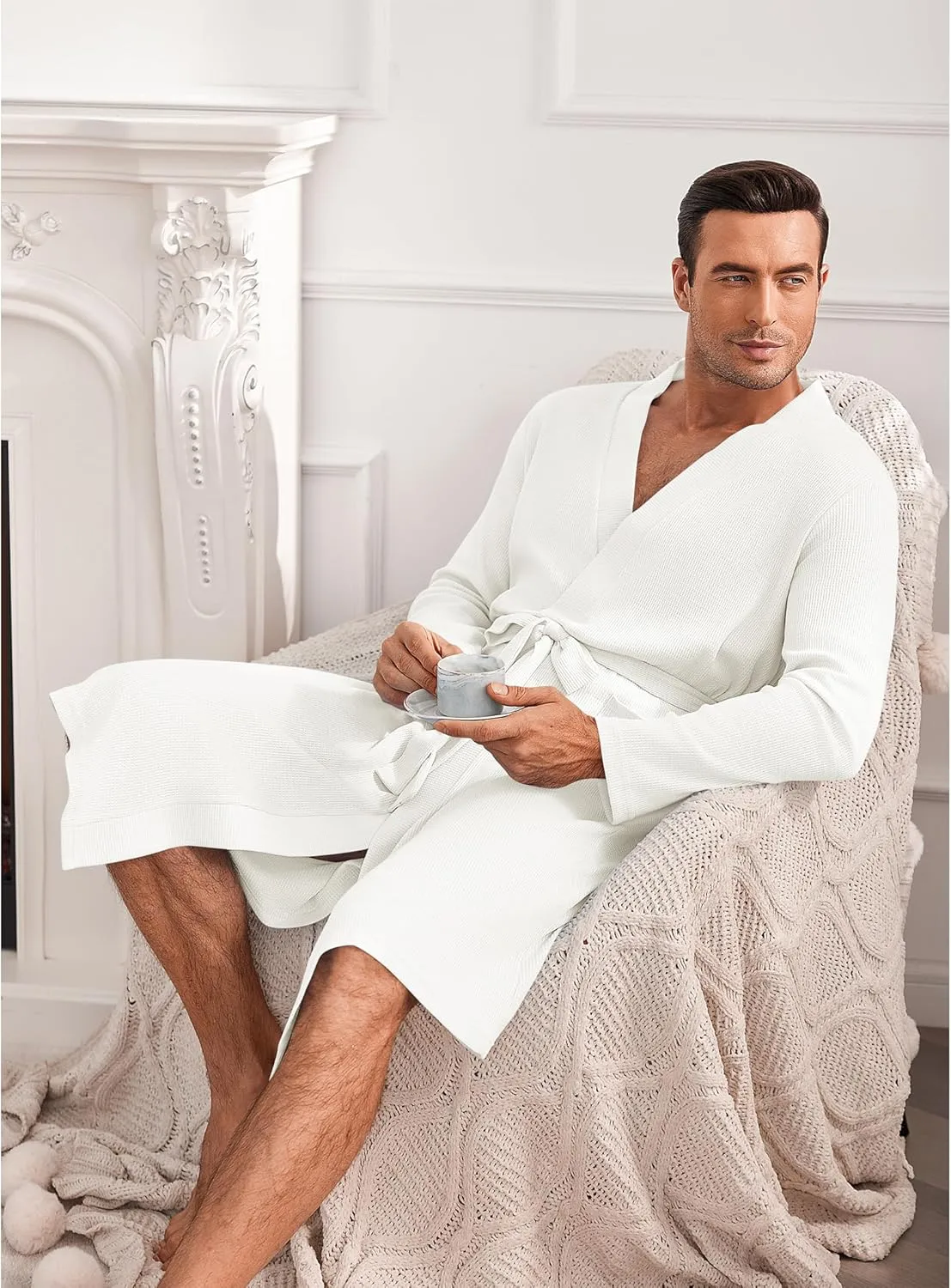 Ekouaer Mens Waffle Robe Lightweight Spa Bathrobe Knit Kimono Shower Robes V Neck Long Sleeve Sleepwear with Pockets