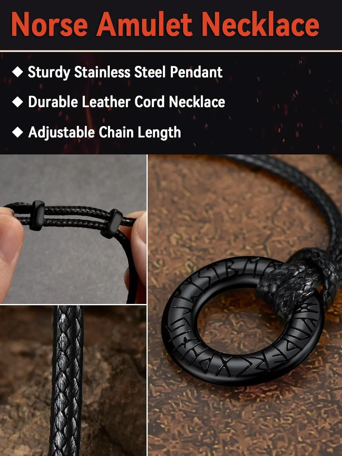 FaithHeart Norse Viking Rune Necklace with Adjustable Braided Leather/Stainless Steel Rope Chains for Men Women, Vintage Amulet Jewelry Gift with Delicate Box