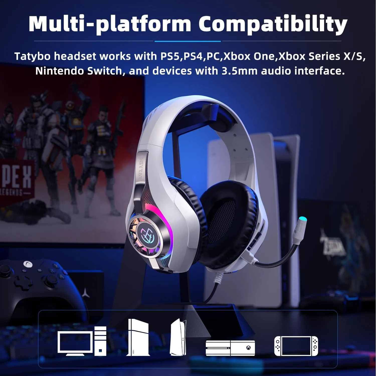 Gaming Headset for Ps5 Ps4 Switch Xbox PC with RGB Light, White Gaming Headphones Noise Canceling Mic & Surround Sound