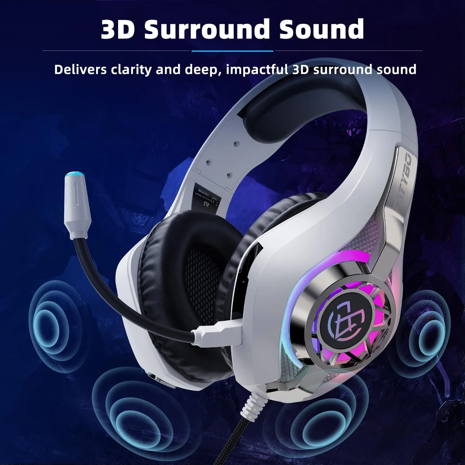 Gaming Headset for Ps5 Ps4 Switch Xbox PC with RGB Light, White Gaming Headphones Noise Canceling Mic & Surround Sound