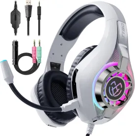 Gaming Headset for Ps5 Ps4 Switch Xbox PC with RGB Light, White Gaming Headphones Noise Canceling Mic & Surround Sound
