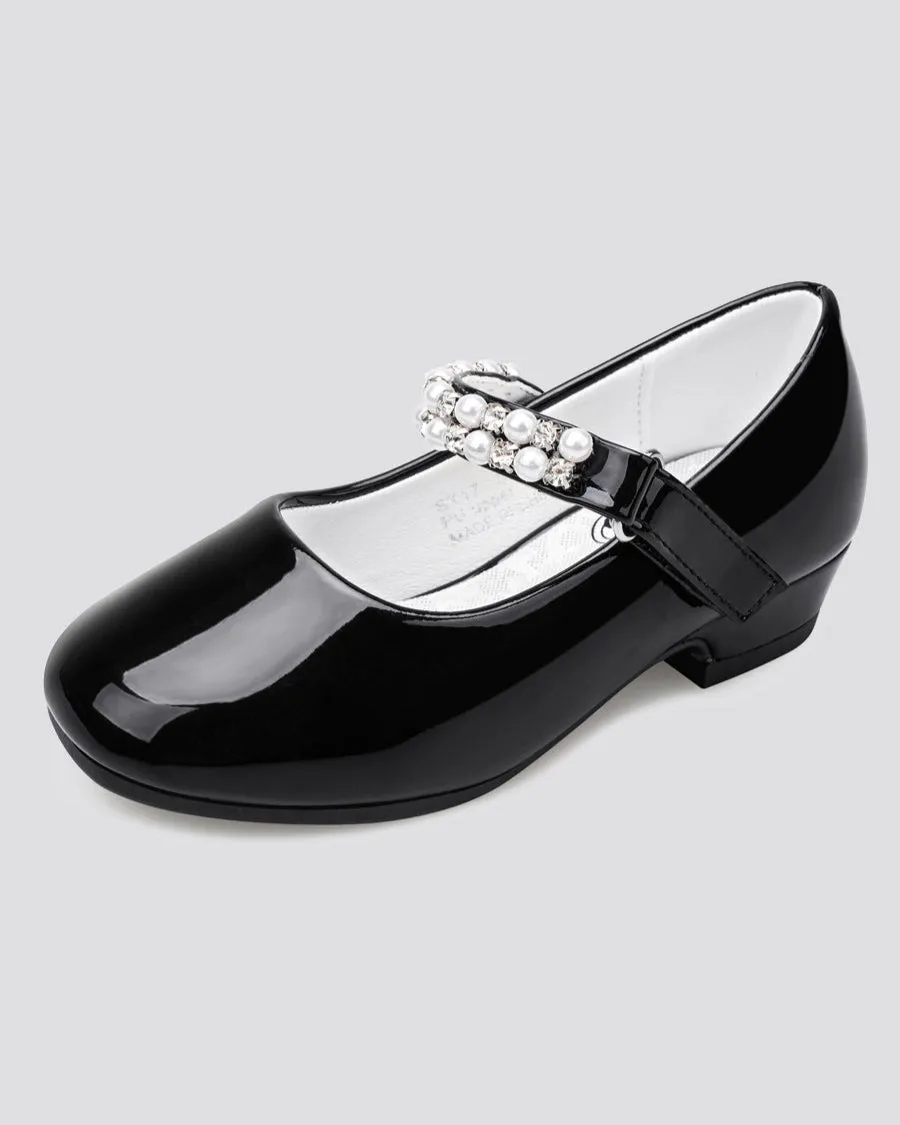Girls Pearl and diamond strap Low Heel Mary Jane Dress Shoes