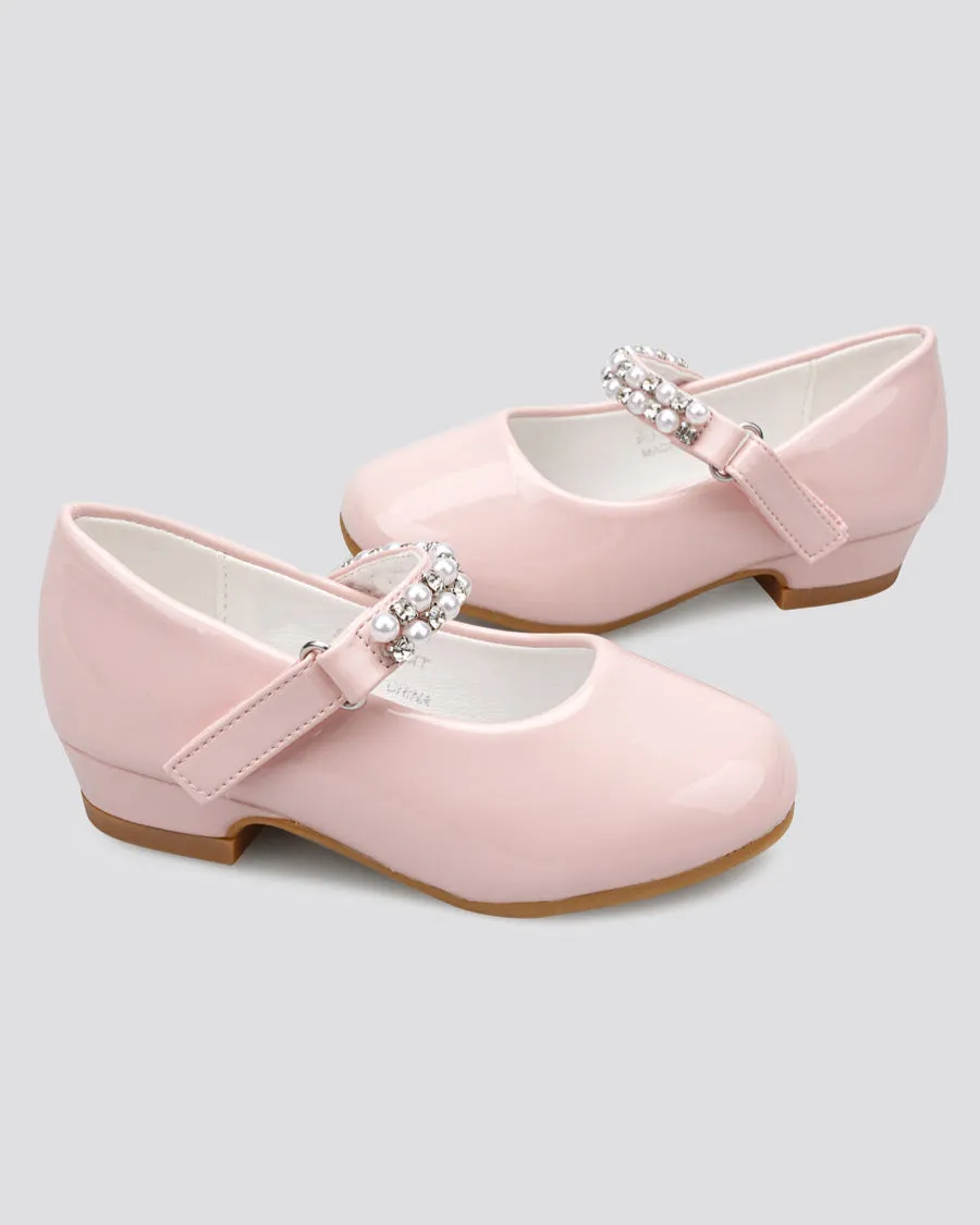 Girls Pearl and diamond strap Low Heel Mary Jane Dress Shoes