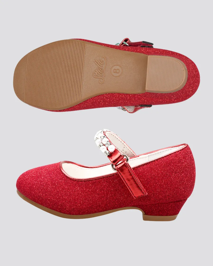 Girls Pearl and diamond strap Low Heel Mary Jane Dress Shoes