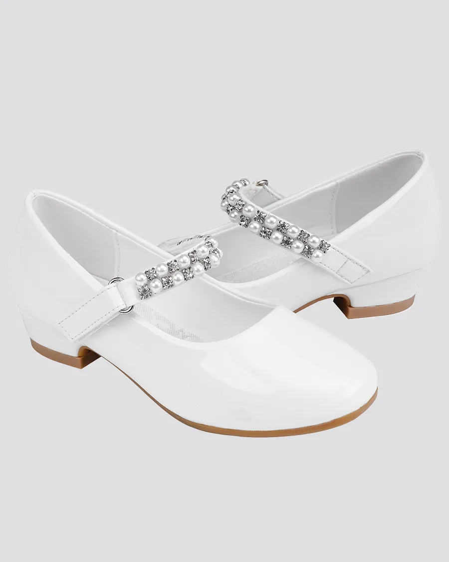 Girls Pearl and diamond strap Low Heel Mary Jane Dress Shoes