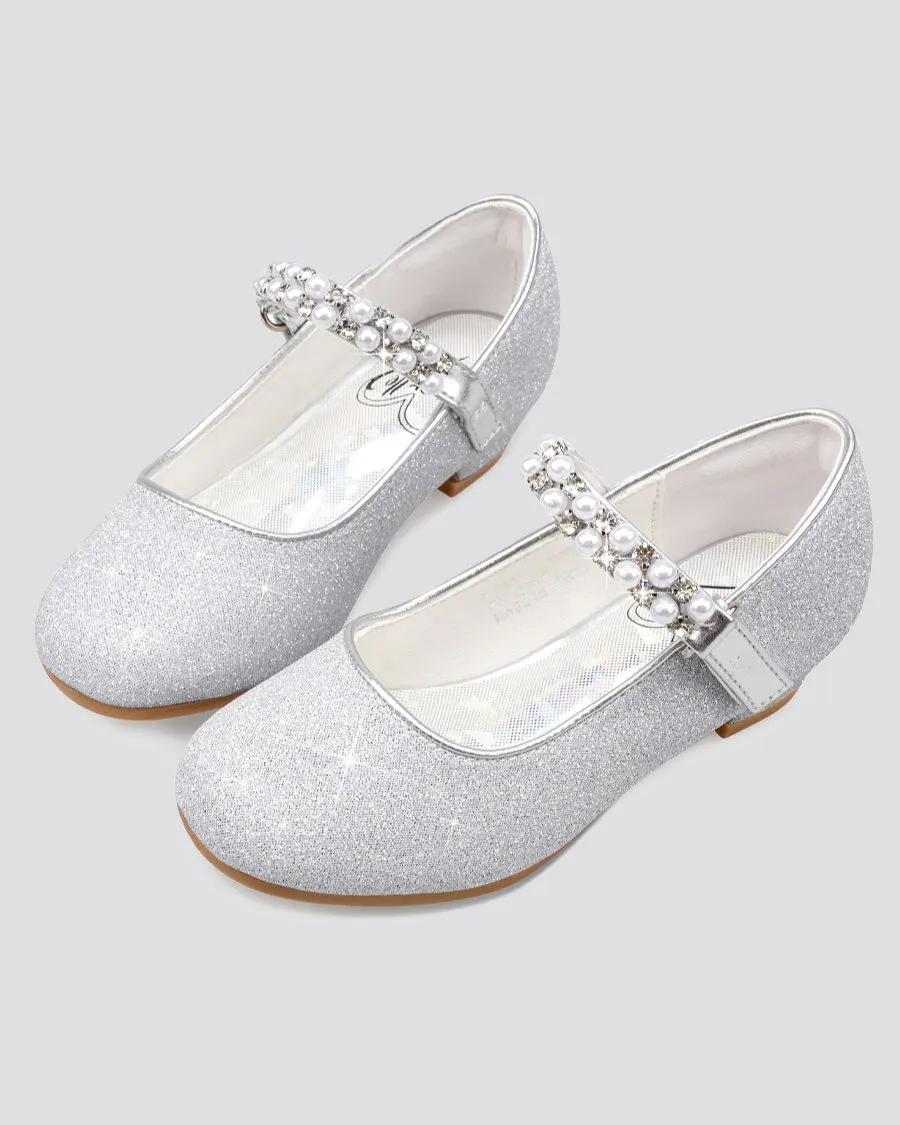 Girls Pearl and diamond strap Low Heel Mary Jane Dress Shoes
