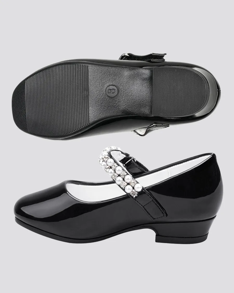 Girls Pearl and diamond strap Low Heel Mary Jane Dress Shoes