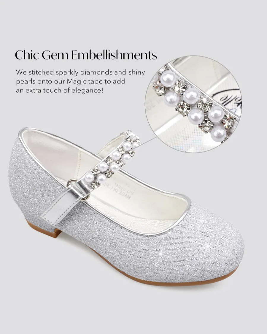 Girls Pearl and diamond strap Low Heel Mary Jane Dress Shoes