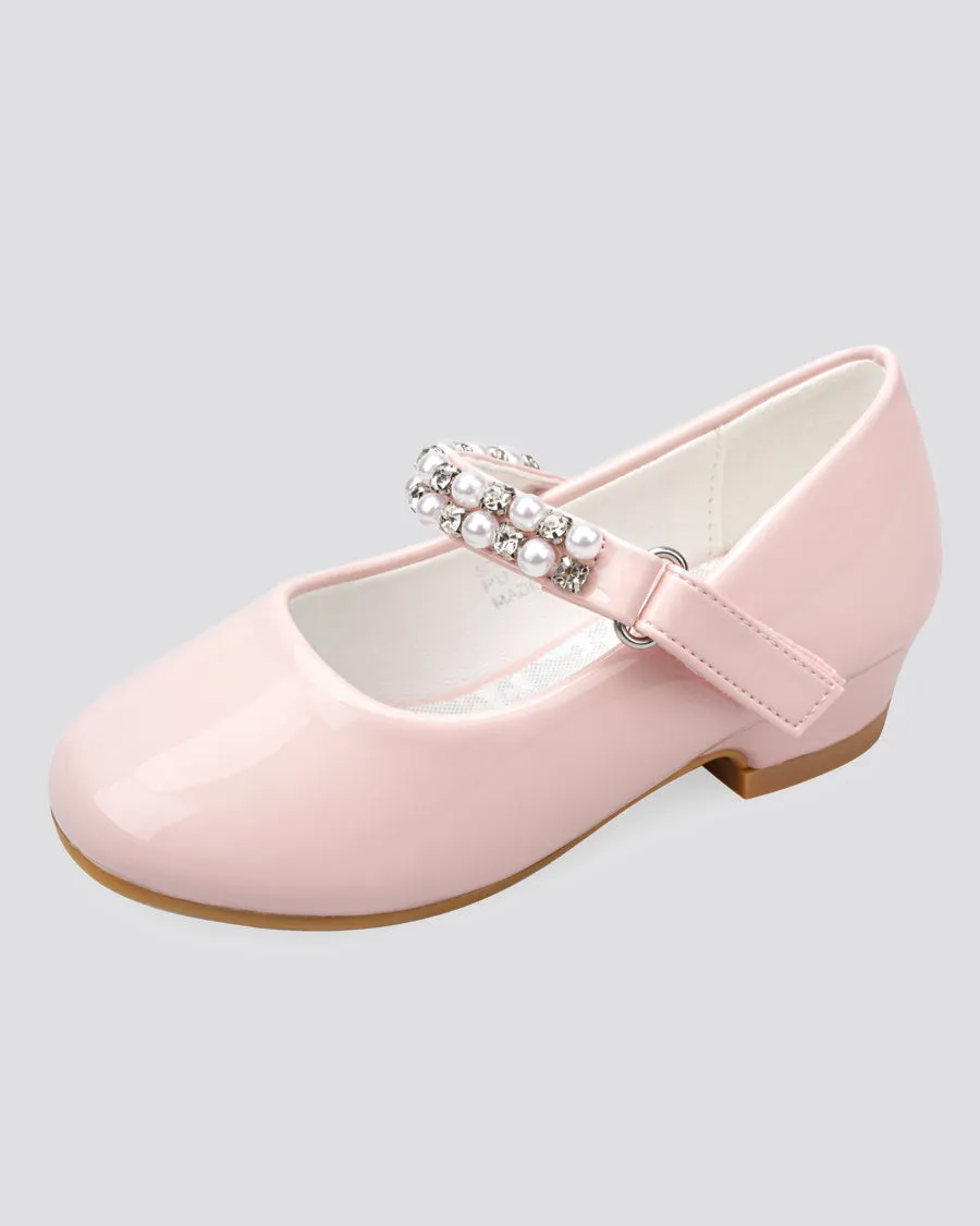 Girls Pearl and diamond strap Low Heel Mary Jane Dress Shoes