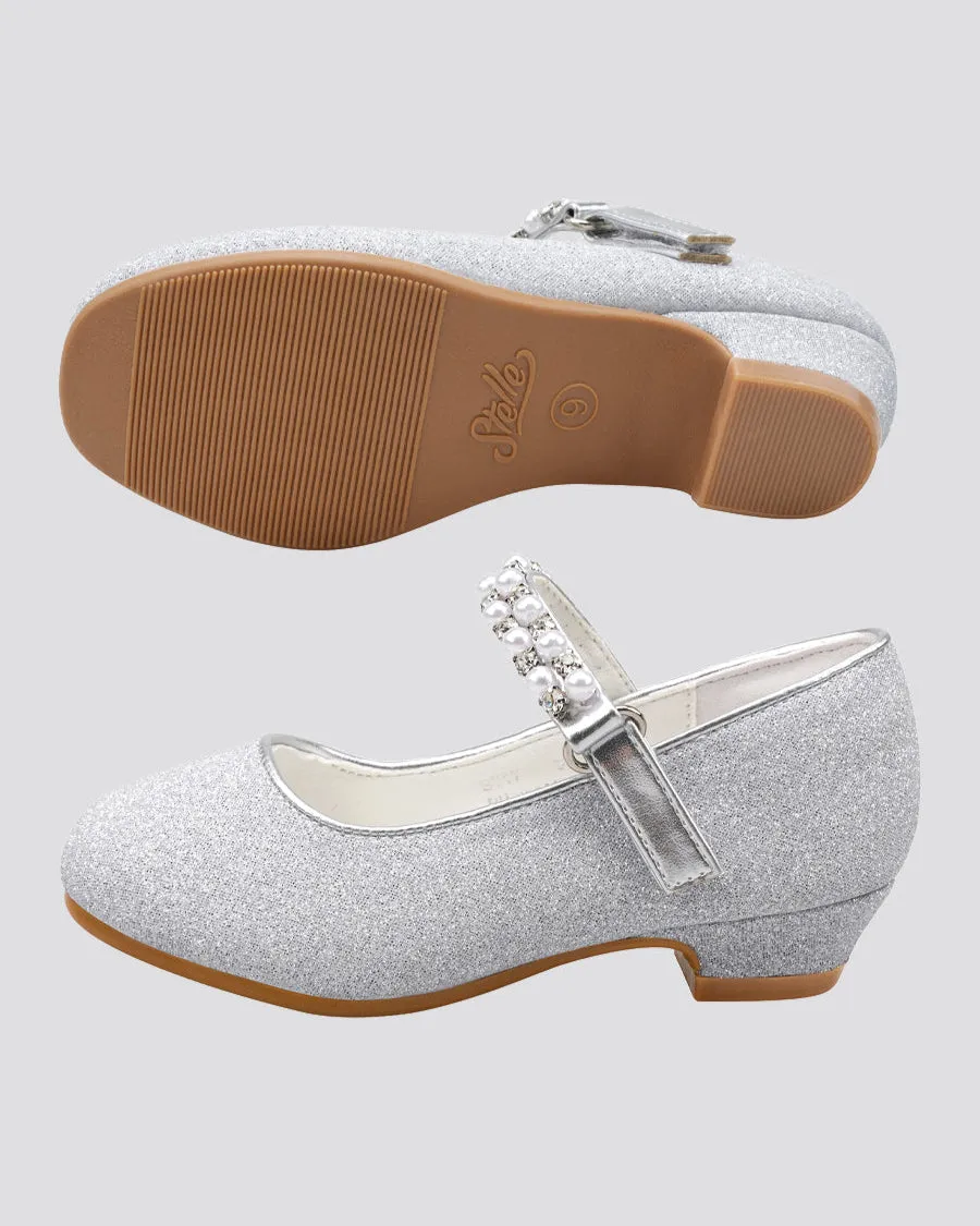 Girls Pearl and diamond strap Low Heel Mary Jane Dress Shoes