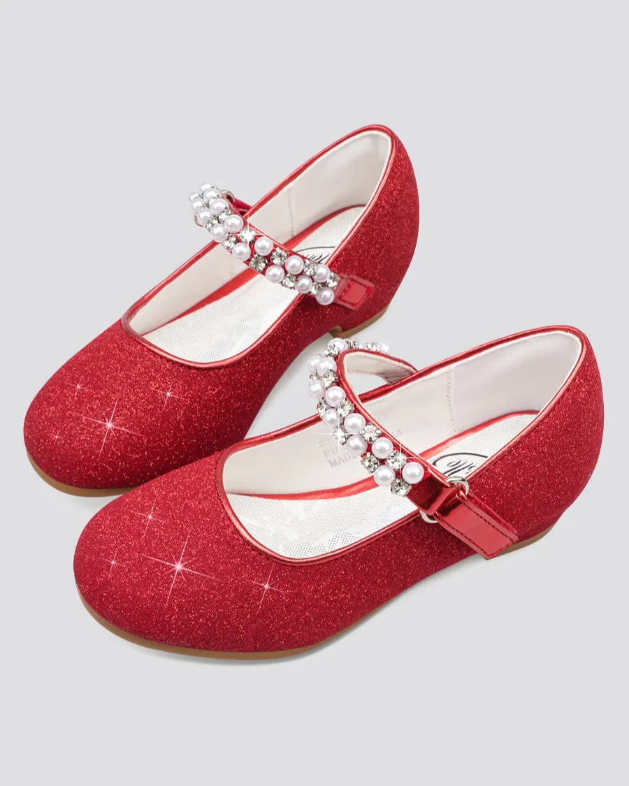 Girls Pearl and diamond strap Low Heel Mary Jane Dress Shoes