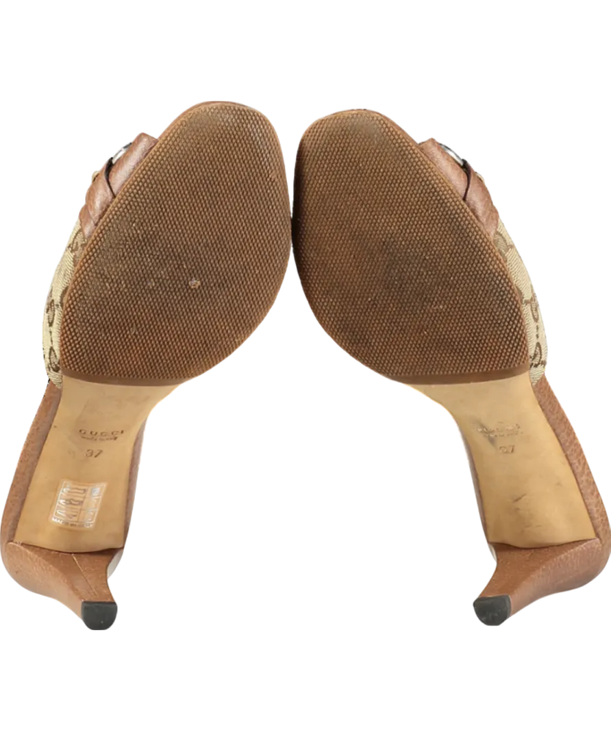 Gucci Brown GG Monogram Canvas And Leather Bamboo Horsebit Mules UK 4 EU 37 👠