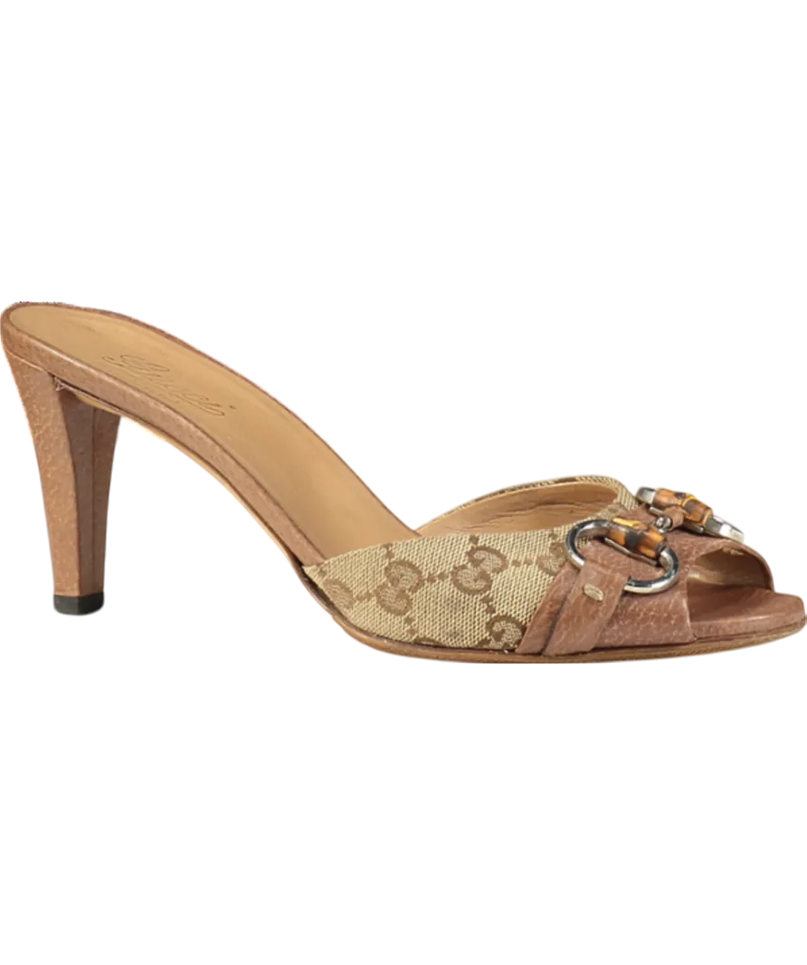 Gucci Brown GG Monogram Canvas And Leather Bamboo Horsebit Mules UK 4 EU 37 👠