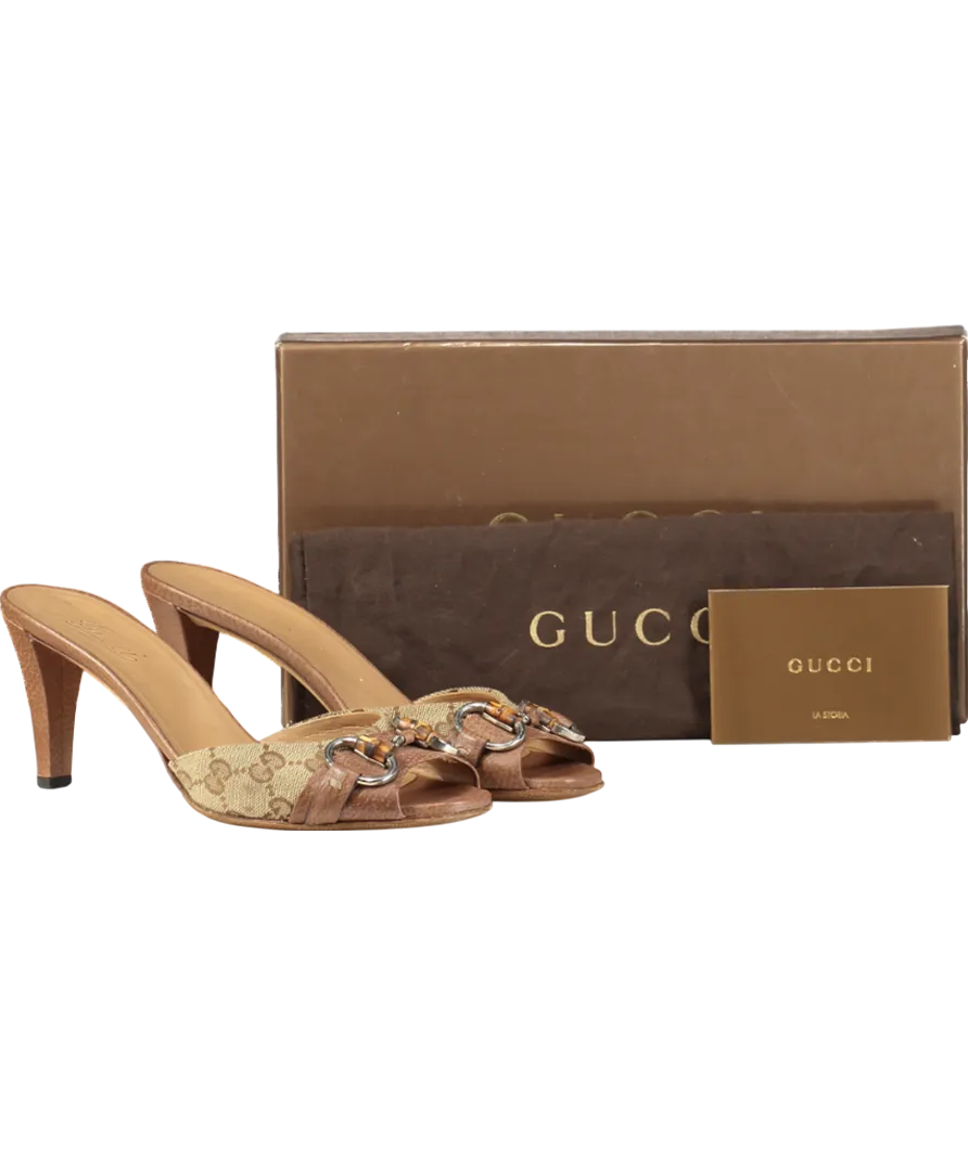 Gucci Brown GG Monogram Canvas And Leather Bamboo Horsebit Mules UK 4 EU 37 👠