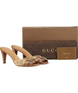 Gucci Brown GG Monogram Canvas And Leather Bamboo Horsebit Mules UK 4 EU 37 👠