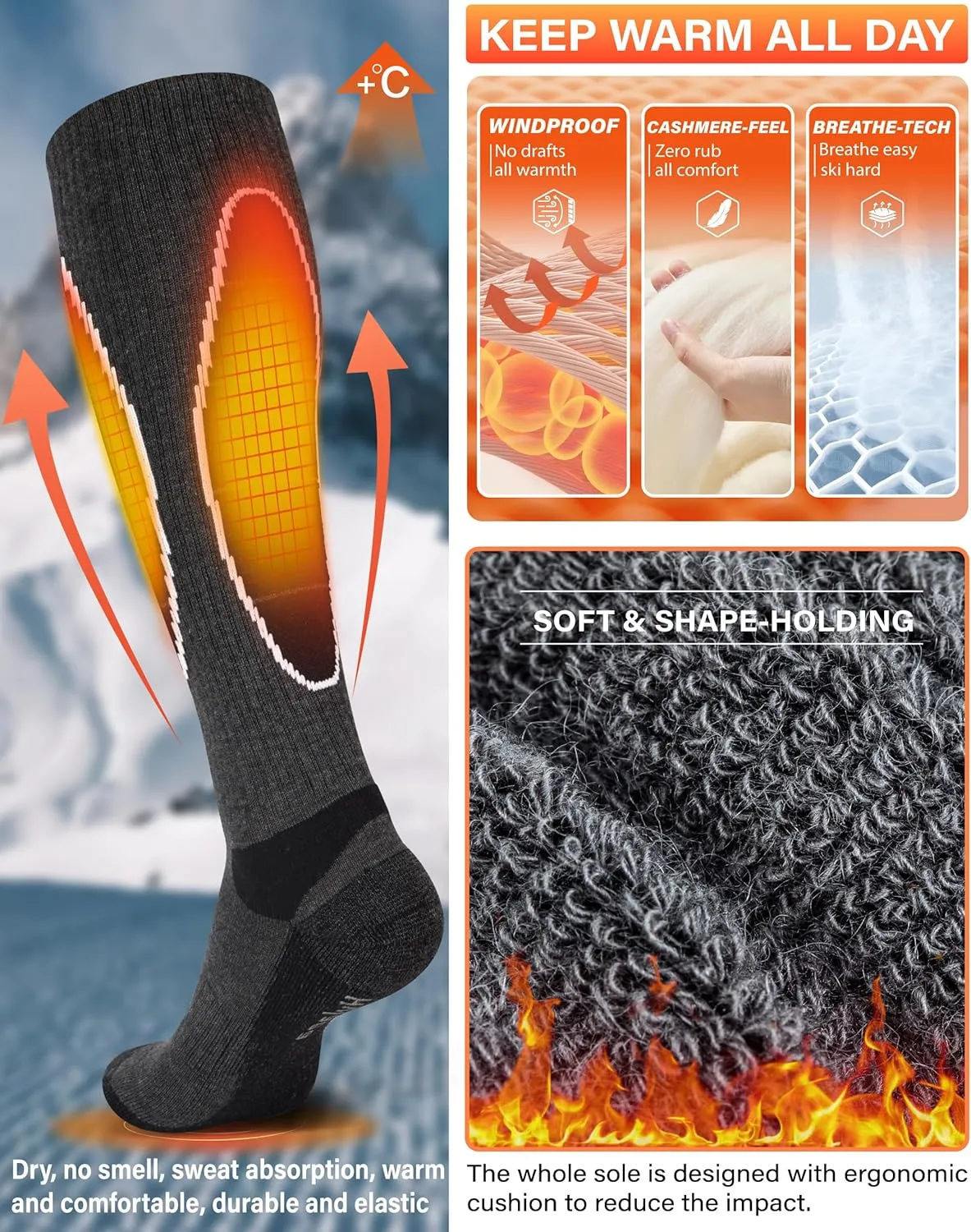 Hylaea Merino Wool Ski Socks, Cold Weather Socks for Snowboarding, Snow, Winter, Thermal Knee-high Warm Socks, Hunting